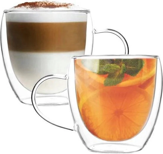 Dubbelwandige Glazen met Oor – 250 ml – Set van 2 – Koffieglazen – Theeglas – Cappuccino Glazen – Latte Macchiato Glazen Bekers