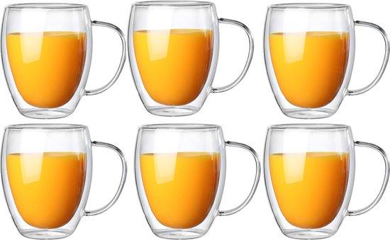 Dubbelwandige Glazen met Oor – 350 ml – Set van 6 – Koffieglazen – Theeglas – Cappuccino Glazen – Latte Macchiato Glazen Bekers