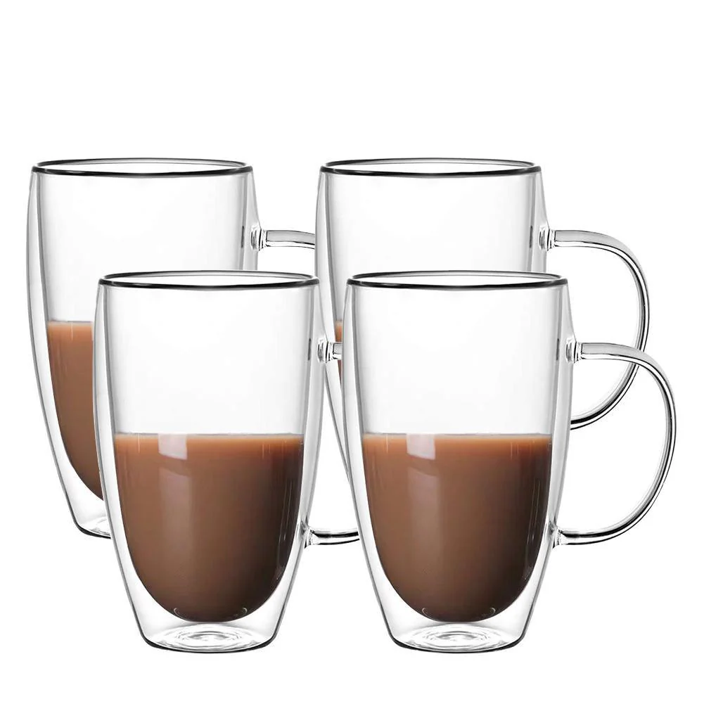 Dubbelwandige Glazen met Oor – 450 ml – Set van 4 – Koffieglazen – Theeglas – Cappuccino Glazen – Latte Macchiato Glazen Bekers