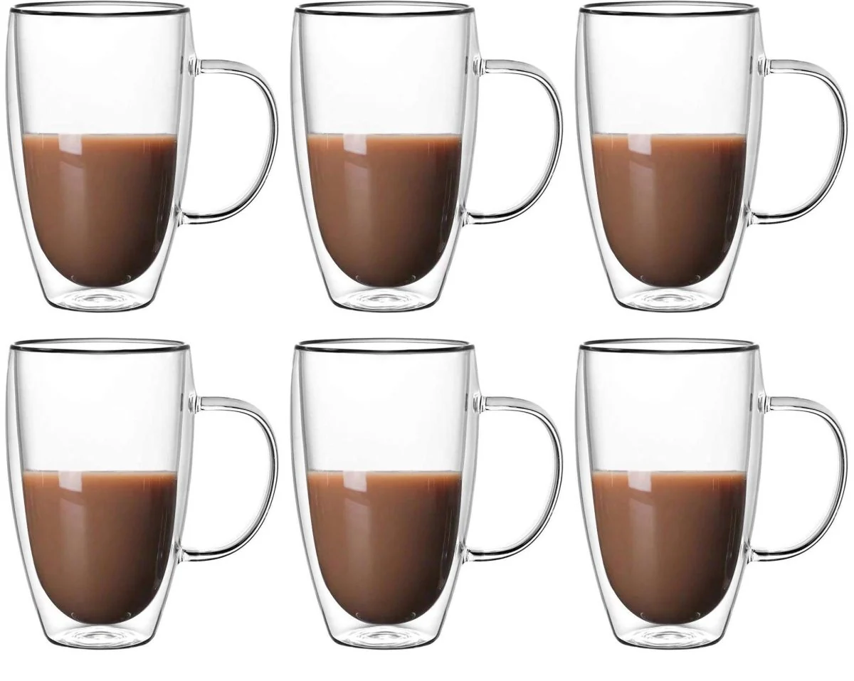 Dubbelwandige Glazen met Oor – 450 ml – Set van 6 – Koffieglazen – Theeglas – Cappuccino Glazen – Latte Macchiato Glazen Bekers