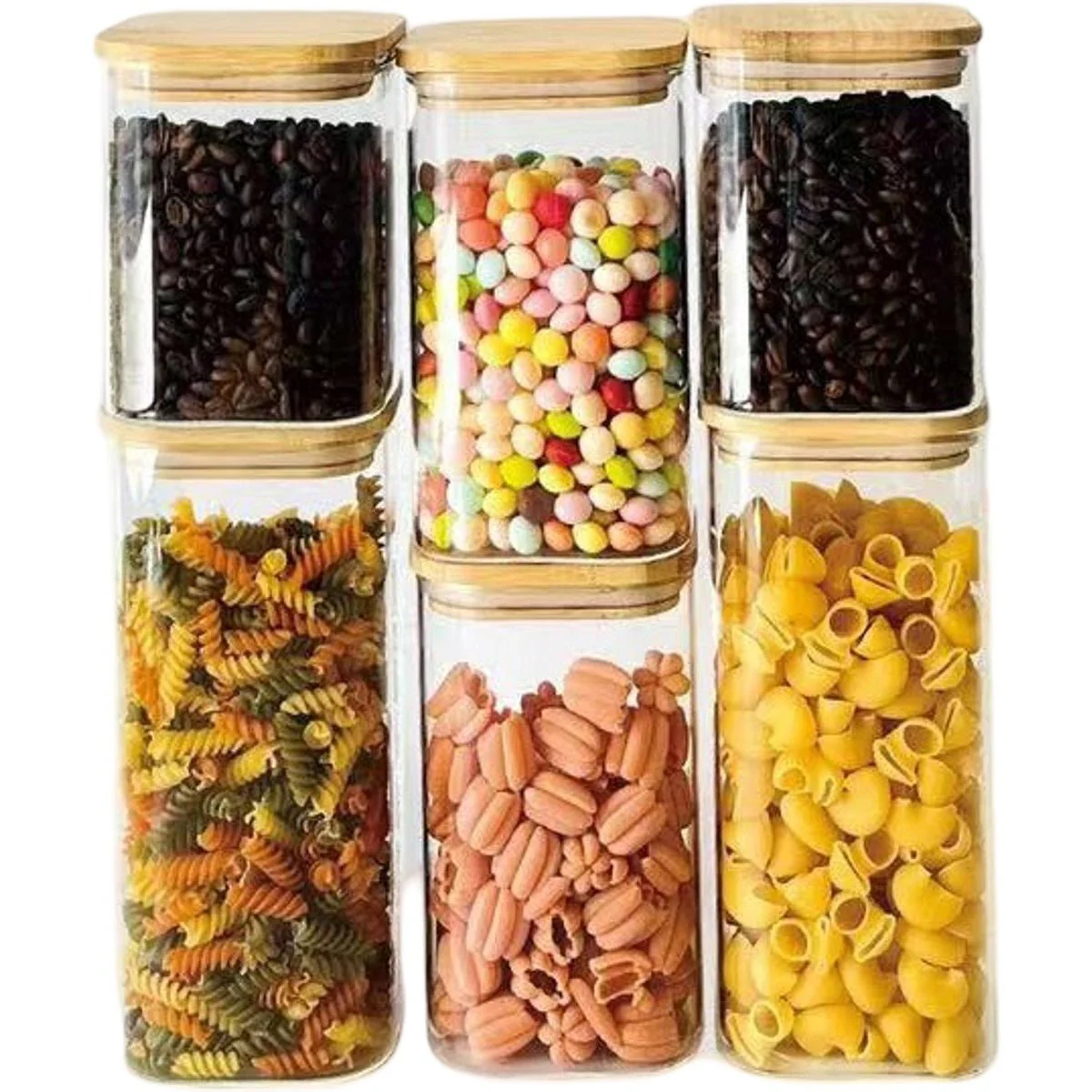 Cheffinger Glazen Voorraadpotten Set met Bamboe Deksel – 6-delig – 2x 750ml, 2x 1100ml, 2x 1500ml