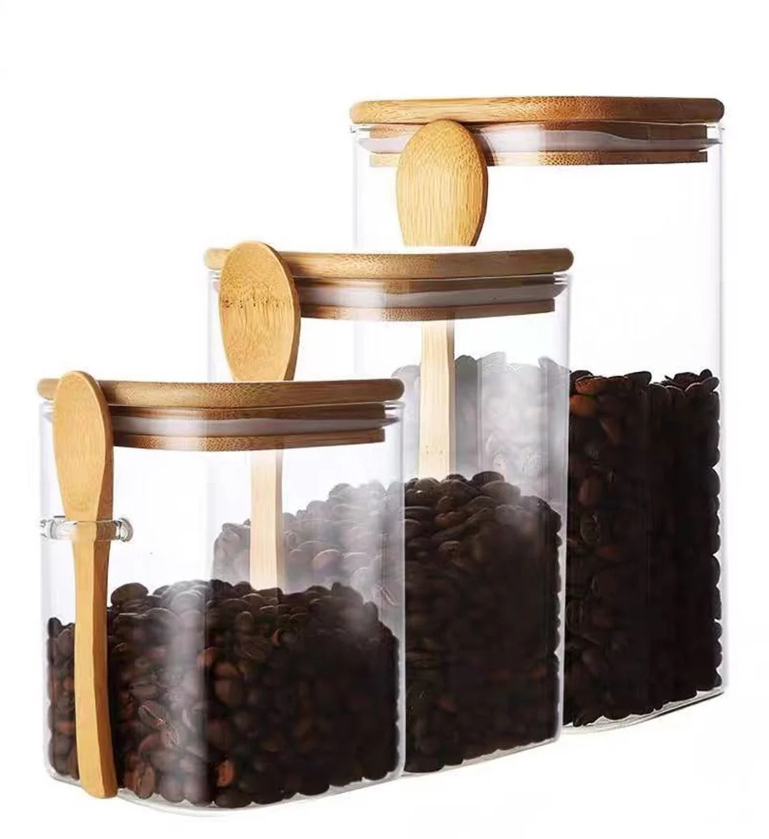 Cheffinger Glazen Voorraadpotten Set met Bamboe Deksel en Lepels – 3-delig – 900ml, 1100ml, 1500ml