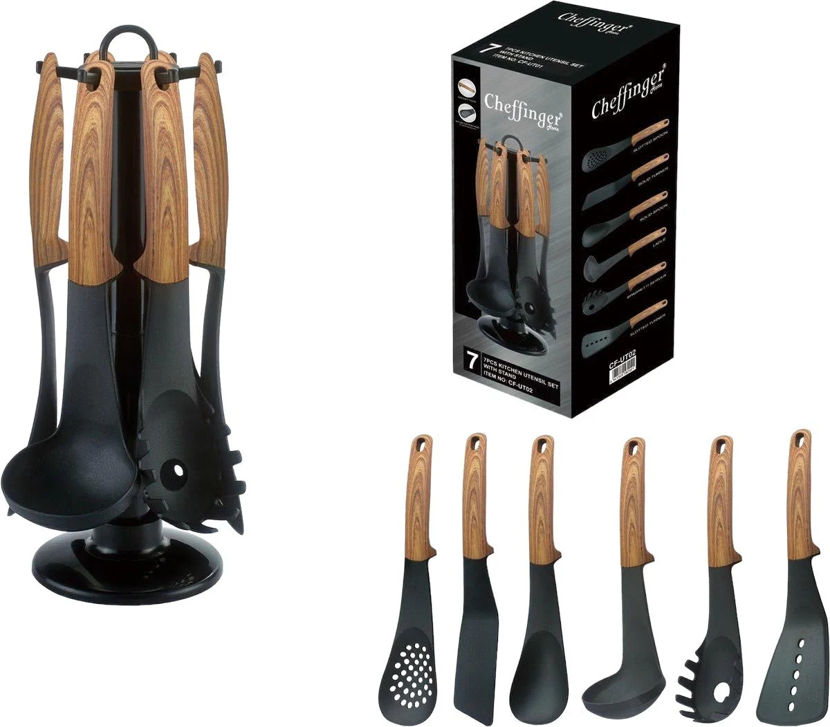 Cheffinger Keukengerei Set – 7-delig – Hout – 360° Draaibare Standaard – Kookgerei Set