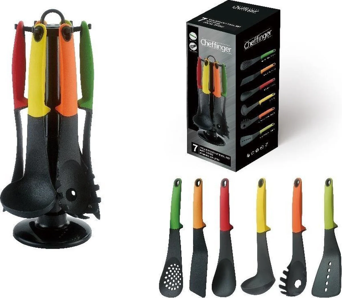 Cheffinger Keukengerei Set – 7-delig – Multi Kleur – 360° Draaibare Standaard – Kookgerei Set