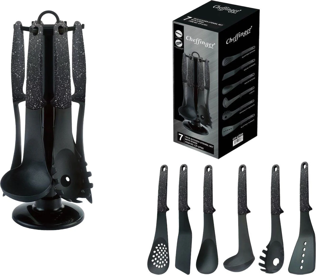 Cheffinger Keukengerei Set – 7-delig – Zwart – 360° Draaibare Standaard – Kookgerei Set