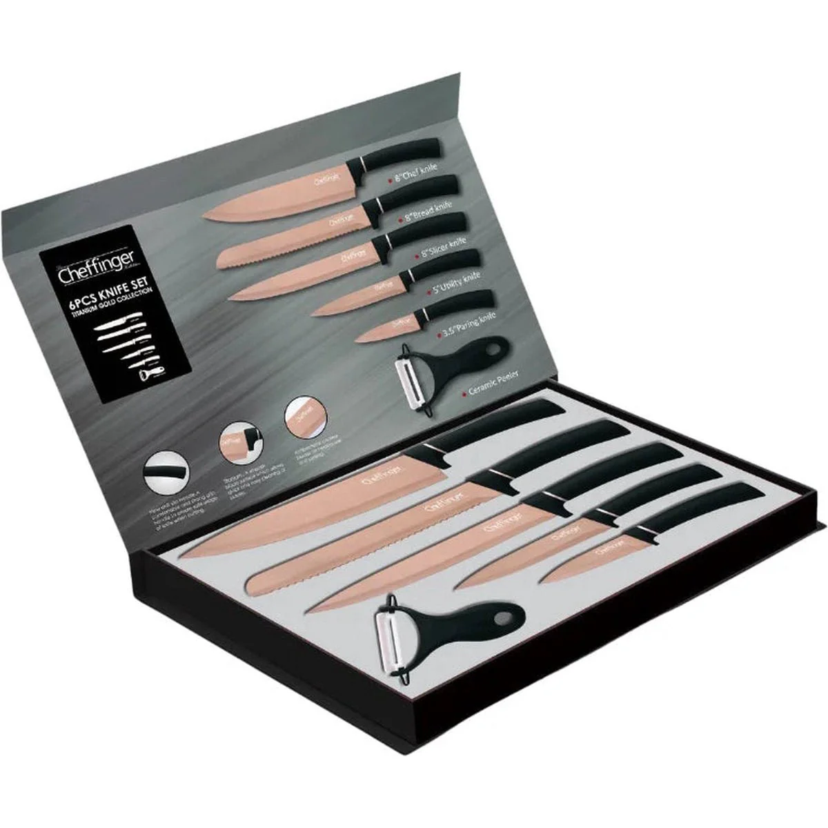 Cheffinger Messenset – 6-delig – Rosé Goud / Zwart