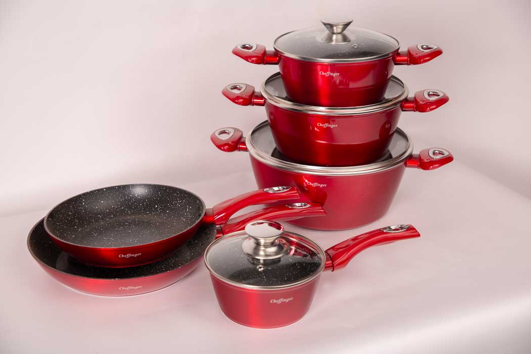 Cheffinger Pannenset – 10-delig – Rood – Inductie – Met Glazen Deksels