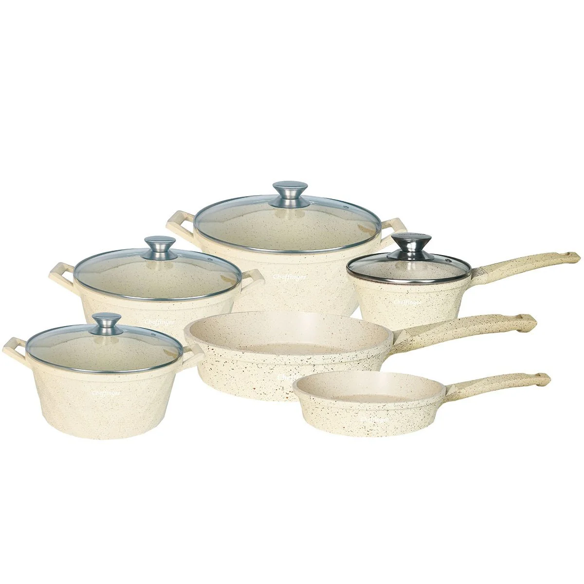Cheffinger Pannenset – 12-delig – Beige – Inductie – Met Glazen Deksels – Japandi Stijl