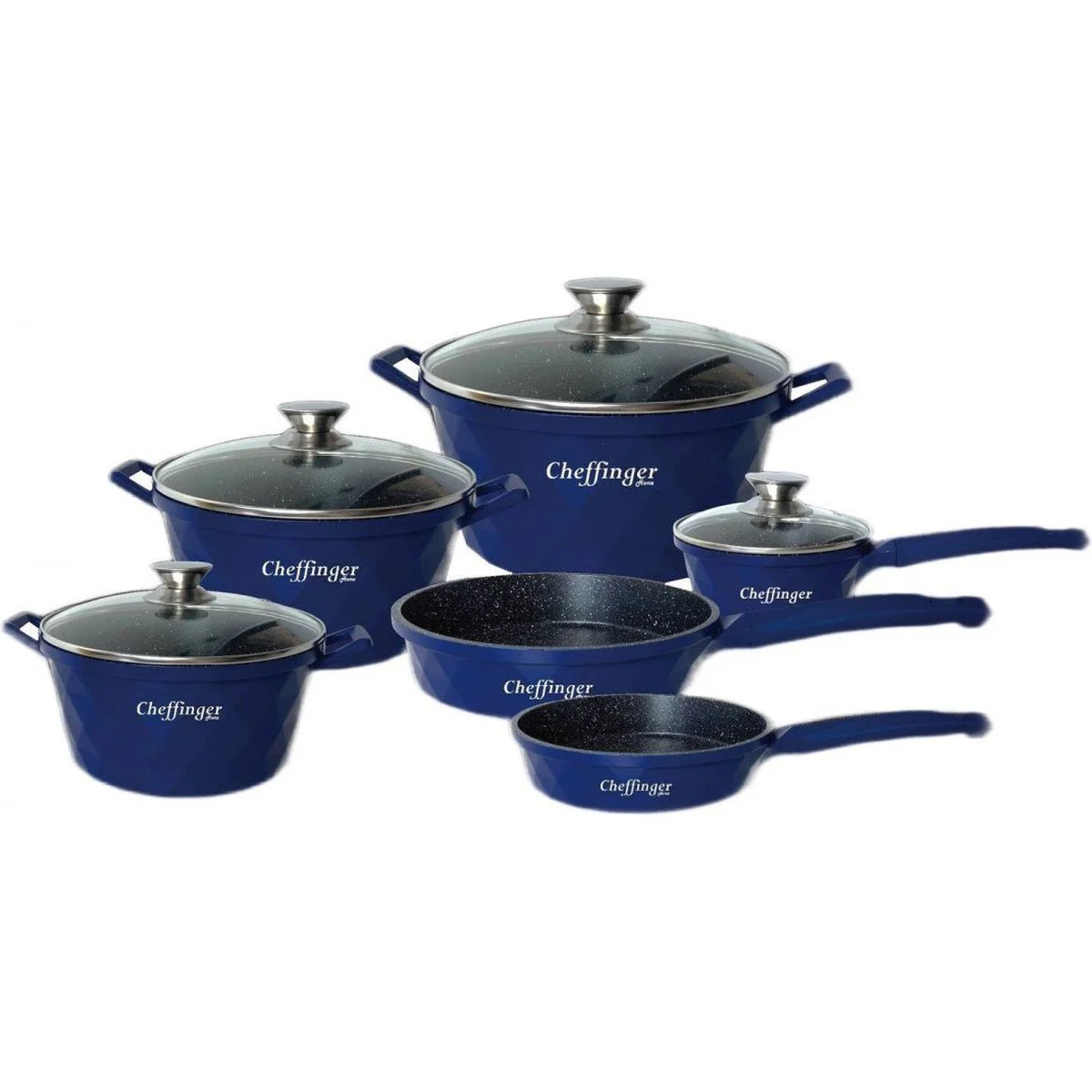 Cheffinger Pannenset – 12-delig – Blauw – Inductie – Met glazen deksels