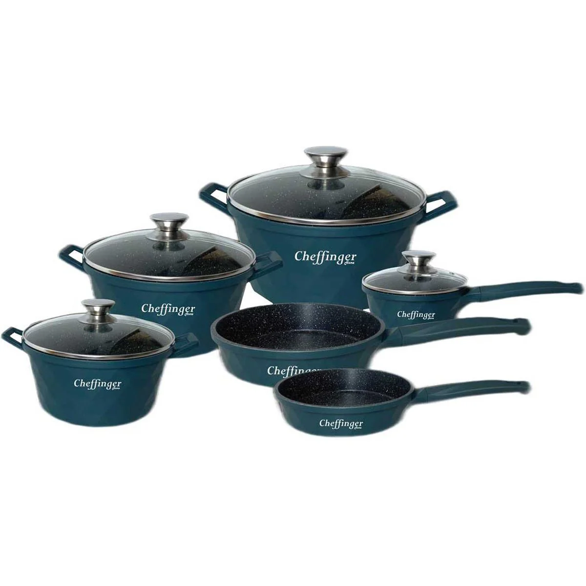 Cheffinger Pannenset – 12-delig – Groen – Inductie – Met glazen deksels
