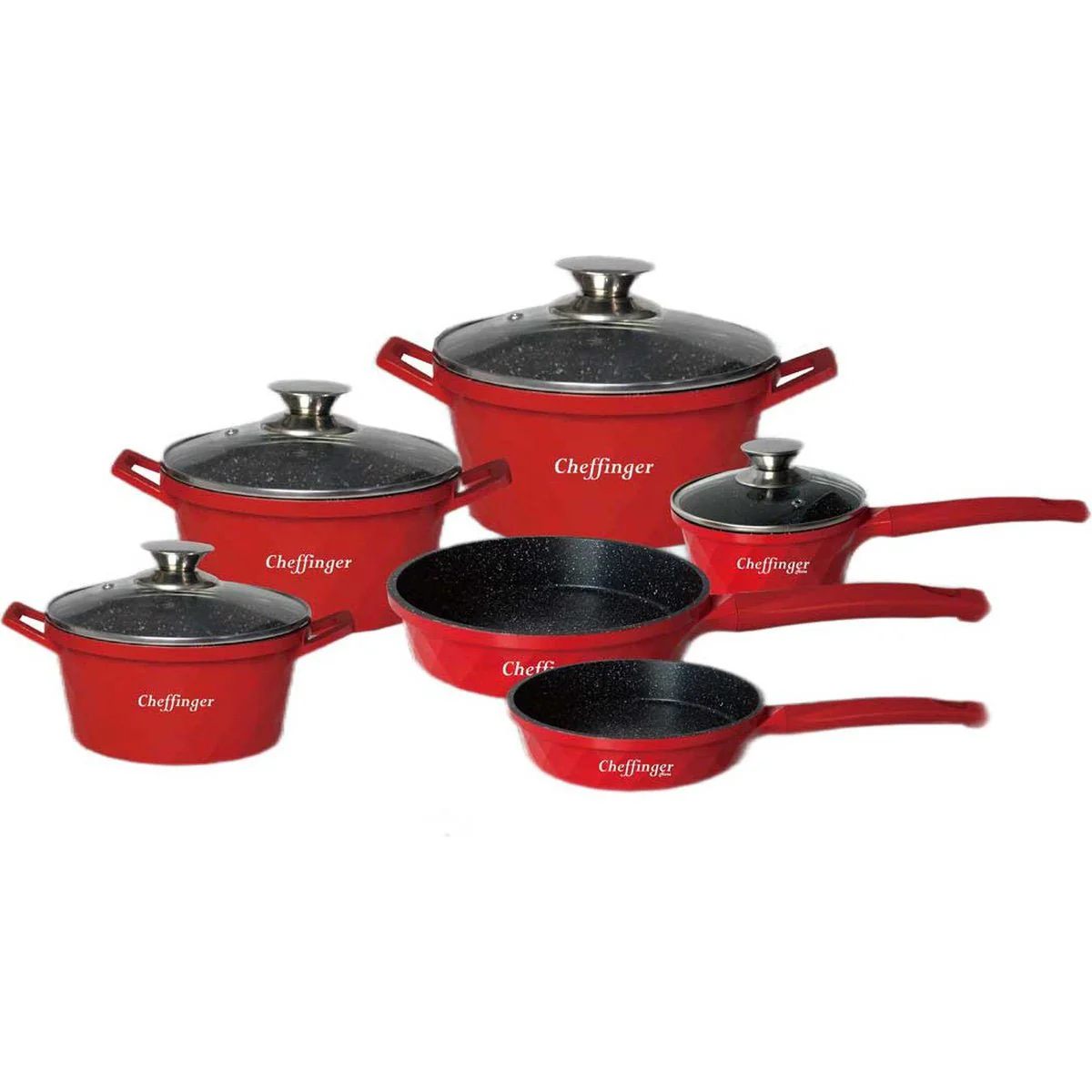 Cheffinger Pannenset – 12-delig – Rood – Inductie – Met glazen deksels