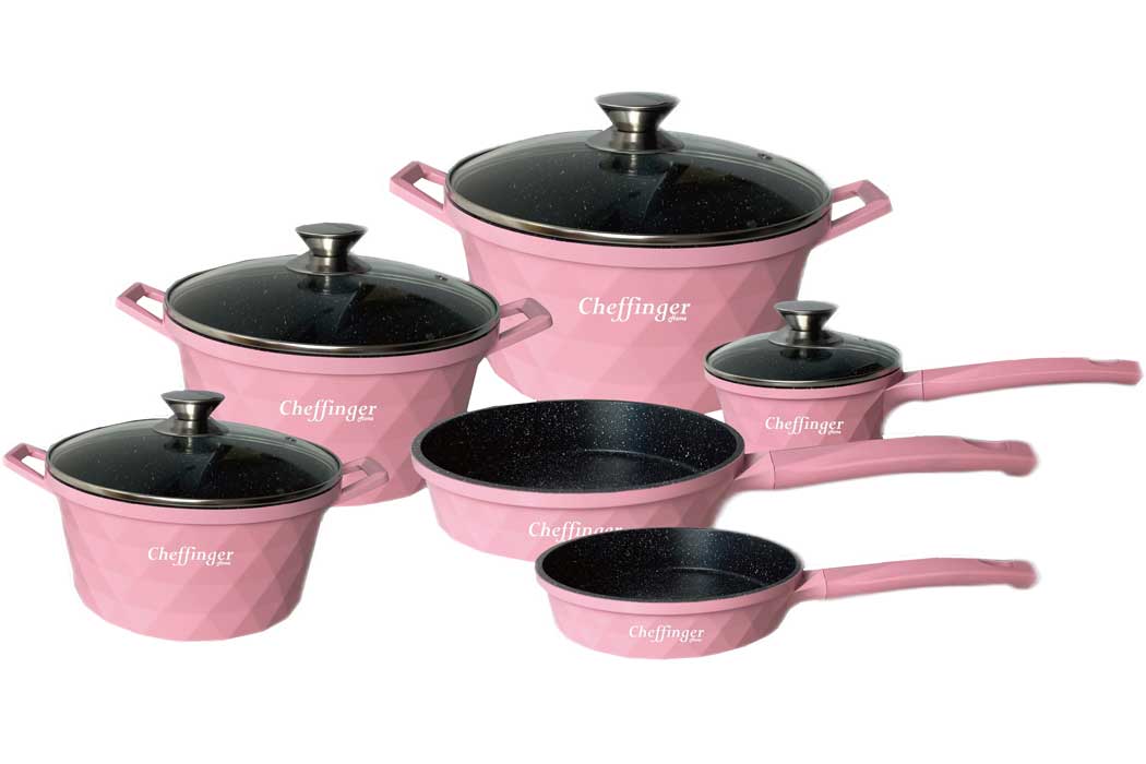 Cheffinger Pannenset – 12-delig – Roze – Inductie – Met glazen deksels