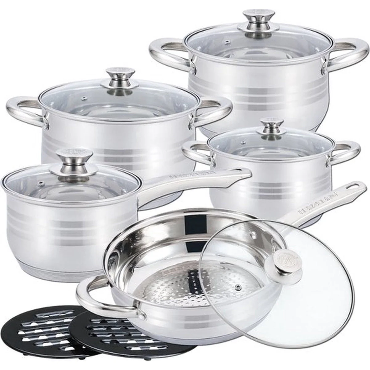 Cheffinger Pannenset – 12-delig – Zilver – RVS – Kookpannen – Inductie
