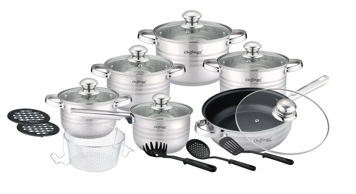 Cheffinger Pannenset – 18-delig – Zilver – RVS – Kookpannen – Inductie