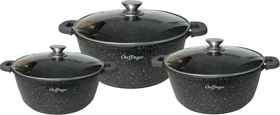 Cheffinger Pannenset – 6-delig – 20, 24 & 28cm – Zwart