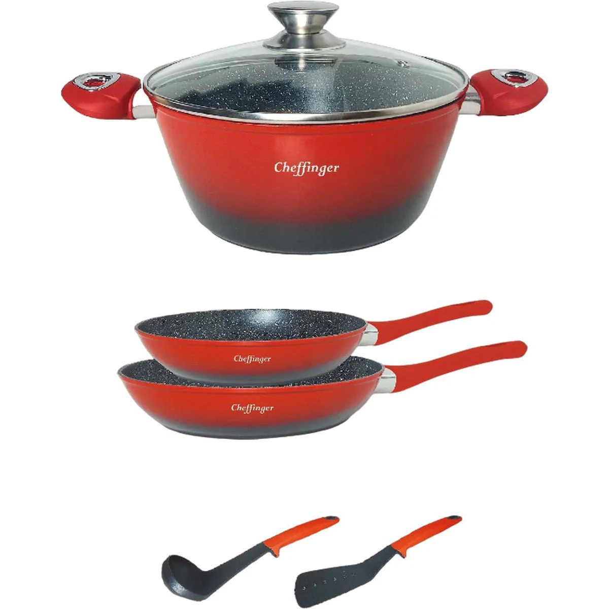 Cheffinger Pannenset – 6-delig – Koekenpan – Braadpan – Kookgerei – Rood
