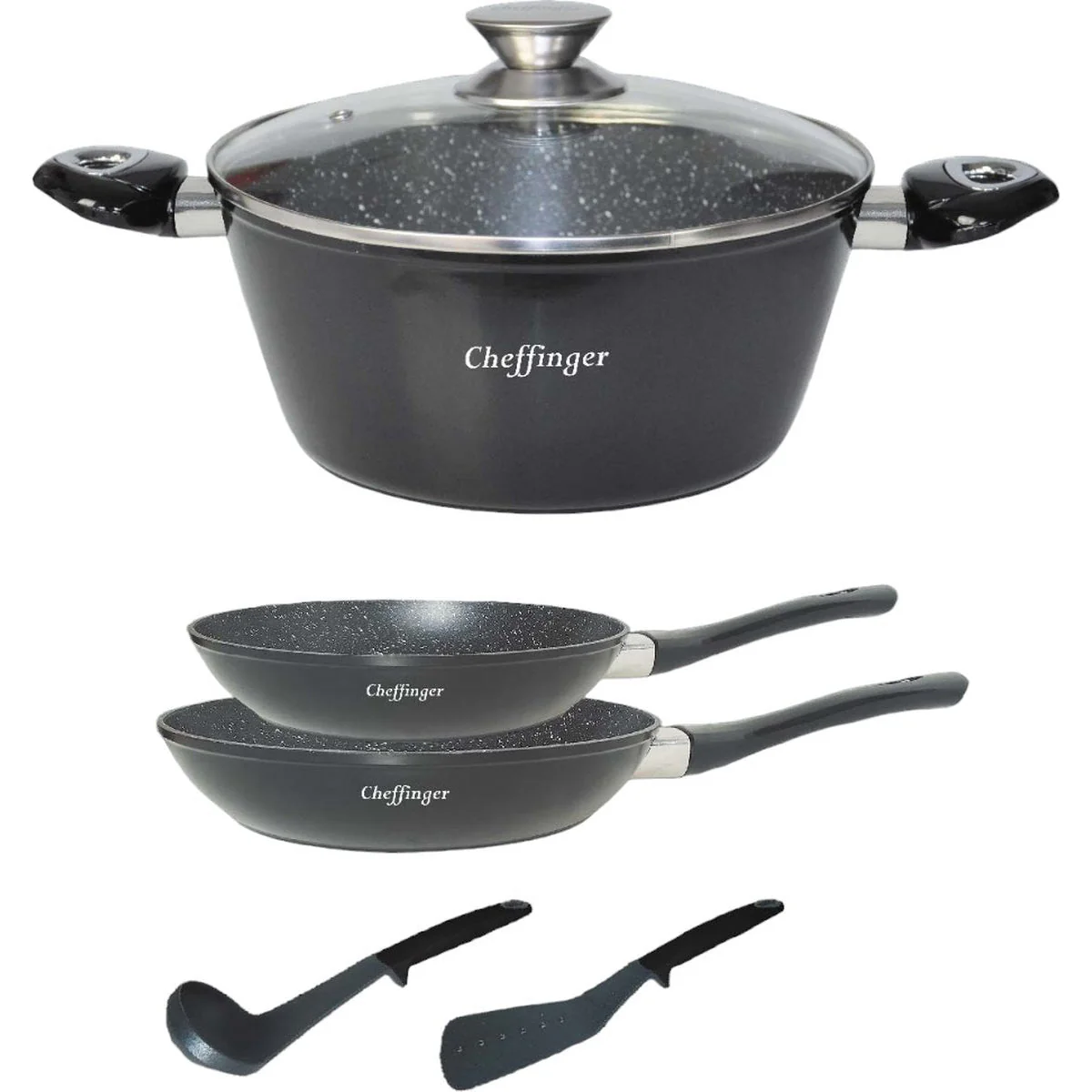 Cheffinger Pannenset – 6-delig – Koekenpan – Braadpan – Kookgerei – Zwart