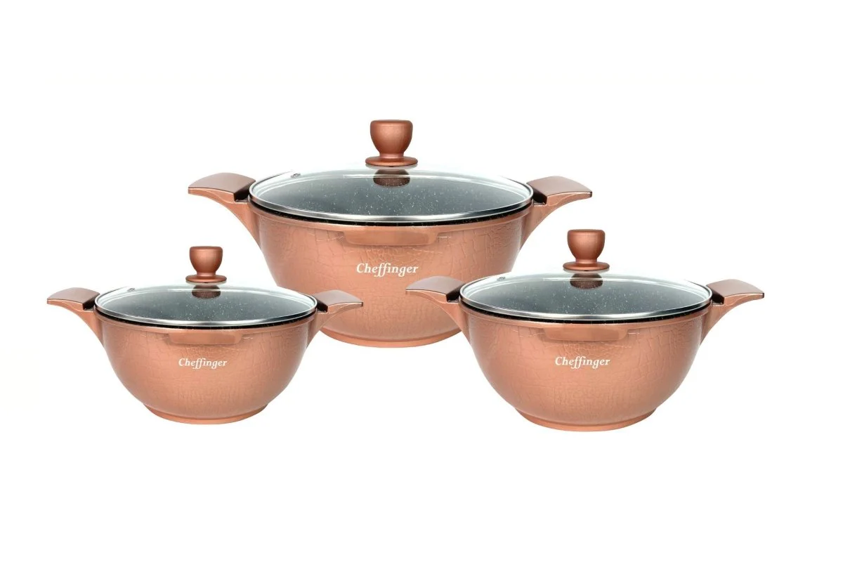 Cheffinger Pannenset – Crocodile Line – 6-delig – 20, 24 & 28cm – Koper