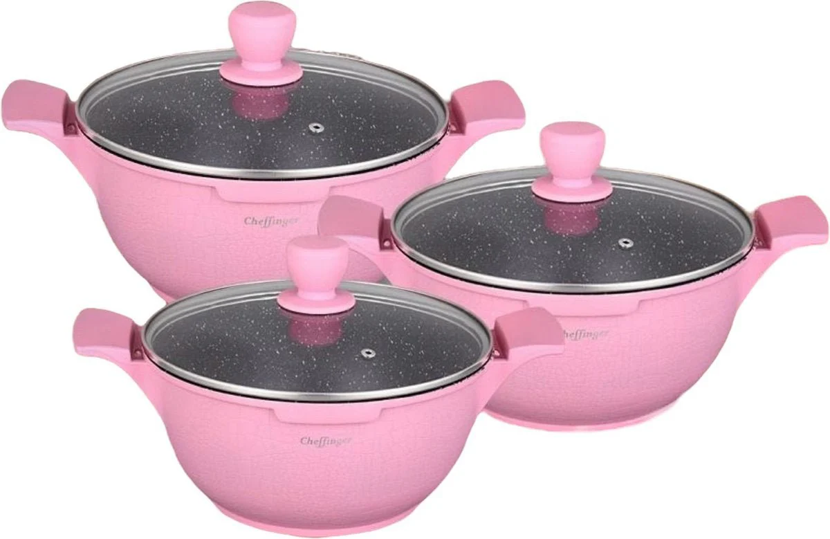 Cheffinger Pannenset – Crocodile Line – 6-delig – 20, 24 & 28cm – Roze