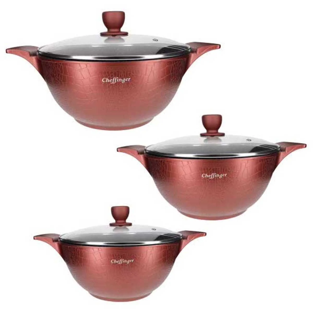 Cheffinger Pannenset – Crocodile Line – 6-delig – 20, 24 & 28cm – Burgundy