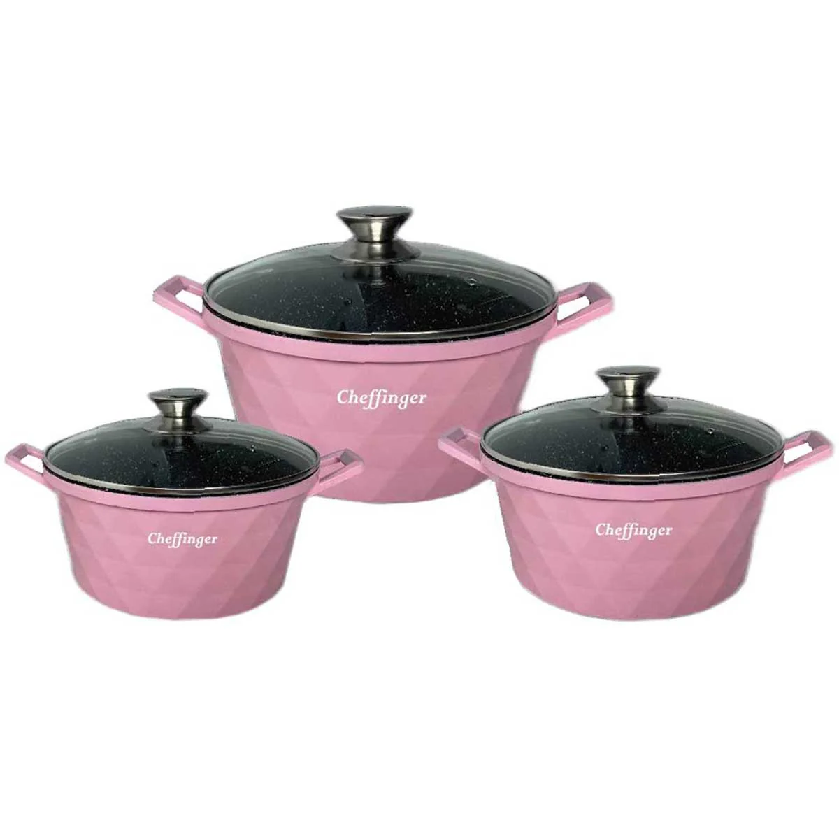 Cheffinger Pannenset – Diamond Line – 6-delig – 20, 24 & 28 cm – Roze