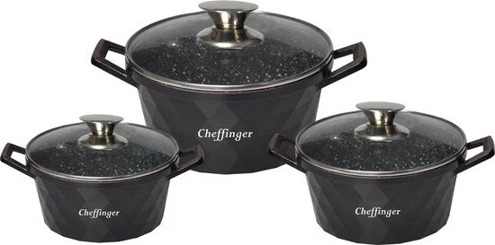 Cheffinger Pannenset – Diamond Line – 6-delig – 20, 24 & 28 cm – Zwart