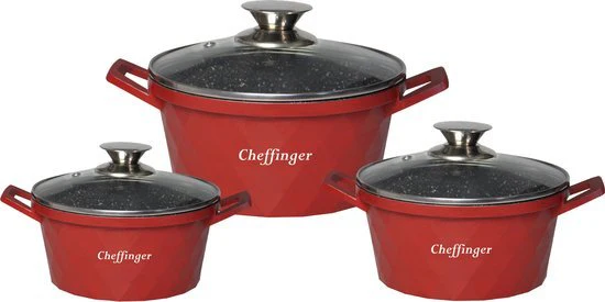 Cheffinger Pannenset – Diamond Line – 6-delig – 20, 24 & 28 cm – Rood