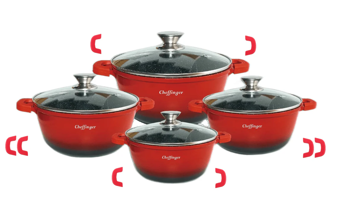 Cheffinger Pannenset met Deksel – 8-delig – Rood – Ø20/24/28/32cm – Inductie