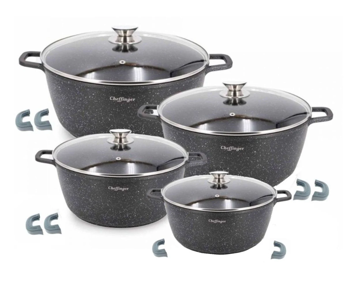 Cheffinger Pannenset met Deksel – 8-delig – Zwart – Ø20/24/28/32cm – Inductie
