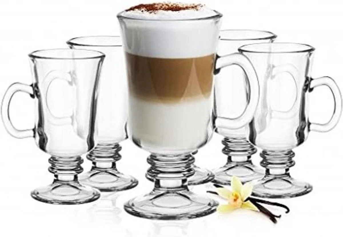 Glozini Manila – Irish Coffee Glazen met Oor – 250ml – Set van 6 – Latte Macchiato Cappuccino Glazen – Koffieglazen