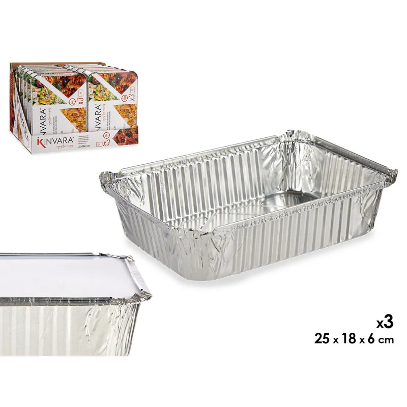Kinvara Aluminiumbakje met Deksel – Set van 3 – 25x18x6cm – Kapsalon Bakje – Prep Meal – Take Away – Wegwerp Aluminium Bakjes