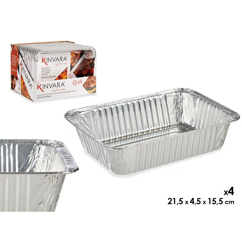 Kinvara Aluminiumbakje – Set van 4 – 21,5×15,5×4,5cm – Kapsalon Bakje – Prep Meal – Take Away – Wegwerp Aluminium Bakjes