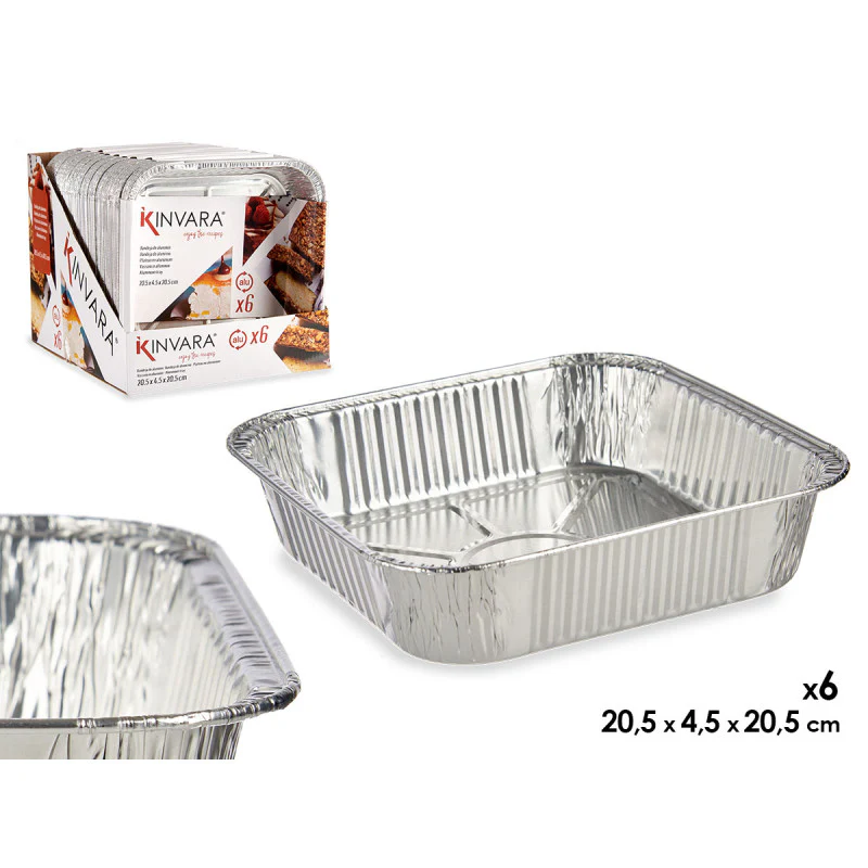 Kinvara Aluminiumbakje – Set van 6 – 20,5×20,5×4,5 – Kapsalon Bakje – Prep Meal – Take Away – Wegwerp Aluminium Bakjes