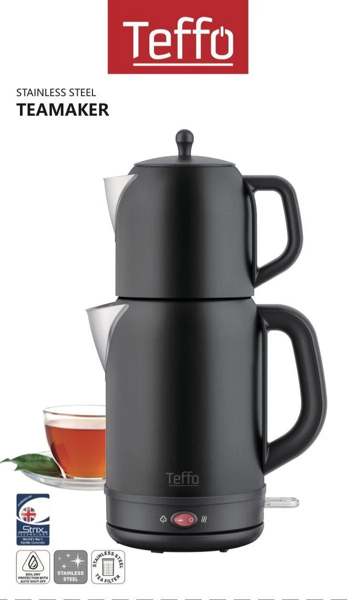 Teffo Elektrische Theepot – Zwart – RVS – 1L + 1.7L – 360° Basis – 2200W