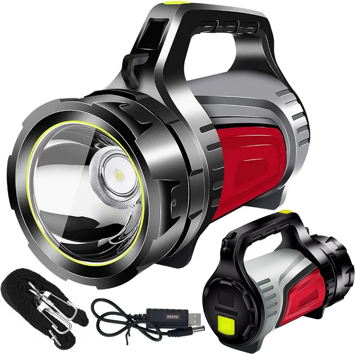 Verk Group Oplaadbare LED Zoeklicht Zaklamp met Powerbankfunctie – Voor Outdoor en Noodsituaties – Grijs/Rood