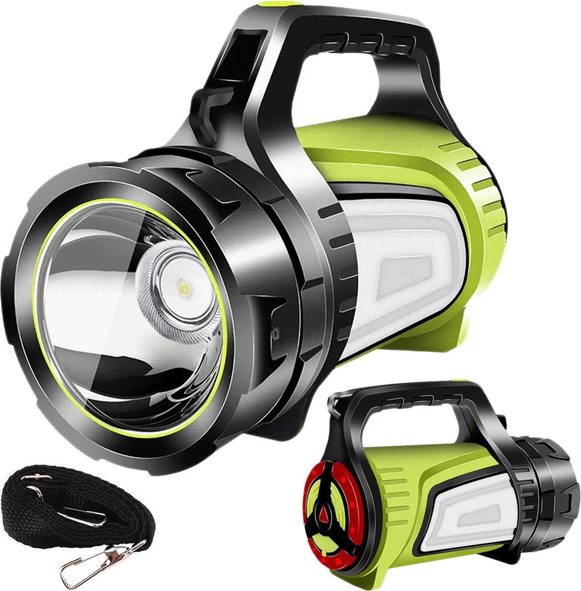 Verk Group Oplaadbare LED Zoeklicht Zaklamp met Powerbankfunctie – Voor Outdoor en Noodsituaties – Zwart/Groen